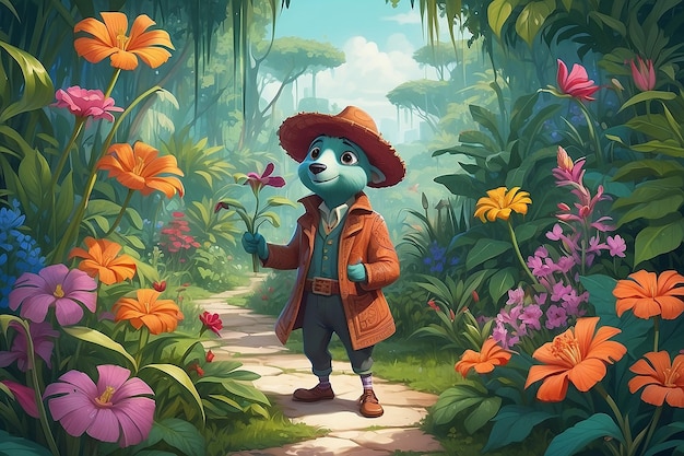 Ilustração de personagem de Descoberta do Jardim Oculto com raras flores de papoula