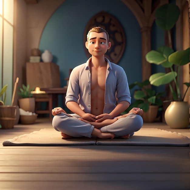 Ilustração de personagem de desenho animado 3D de homem meditando sentado no chão na posição de lótus de ioga