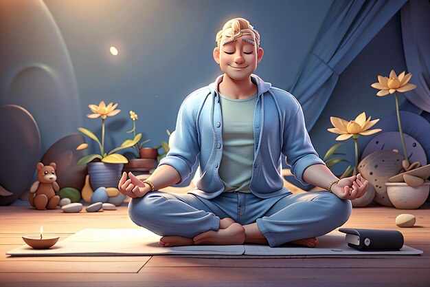 Ilustração de personagem de desenho animado 3D de homem meditando sentado no chão na posição de lótus de ioga