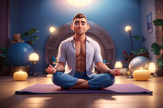 Ilustração de personagem de desenho animado 3D de um homem meditando sentado no chão em posição de lótus de ioga