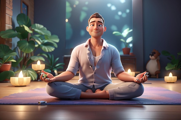 Ilustração de personagem de desenho animado 3D de um homem meditando sentado no chão em posição de lótus de ioga