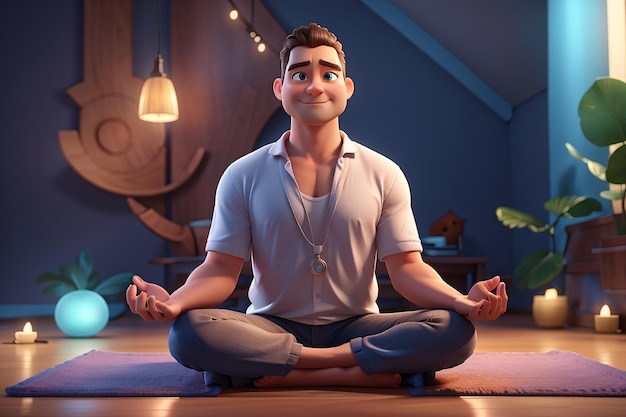 Ilustração de personagem de desenho animado 3D de um homem meditando sentado no chão em posição de lótus de ioga