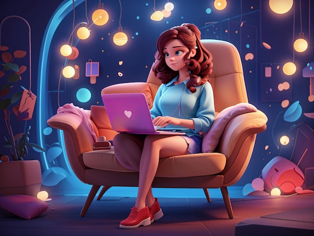 Ilustração de personagem de desenho animado 3D de uma mulher de negócios trabalhando usando um laptop