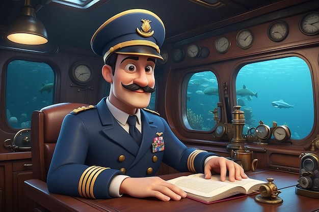 Foto ilustração de personagem de desenho animado capitão de submarino