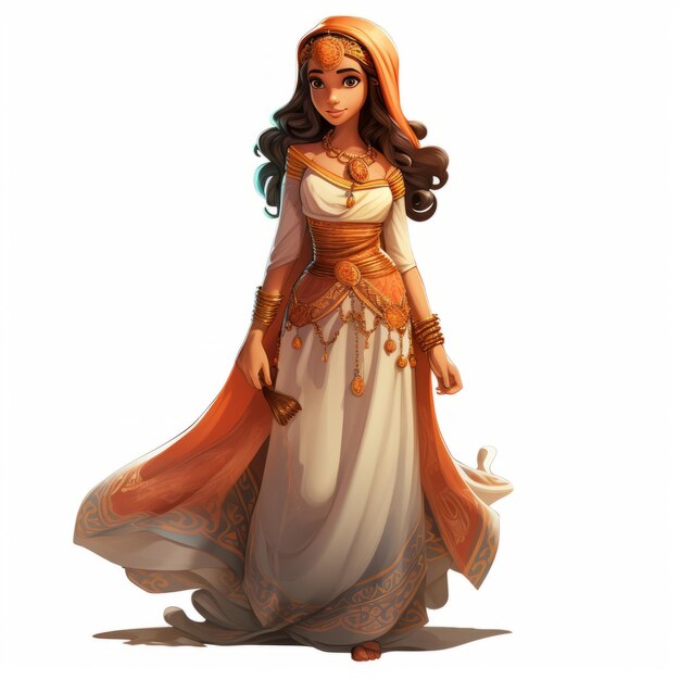 Ilustração de personagens anões femininos encantadores em vestido laranja e branco