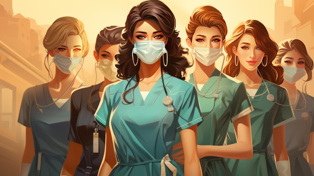 Ilustração de personagens de médicos e enfermeiras usando máscaras