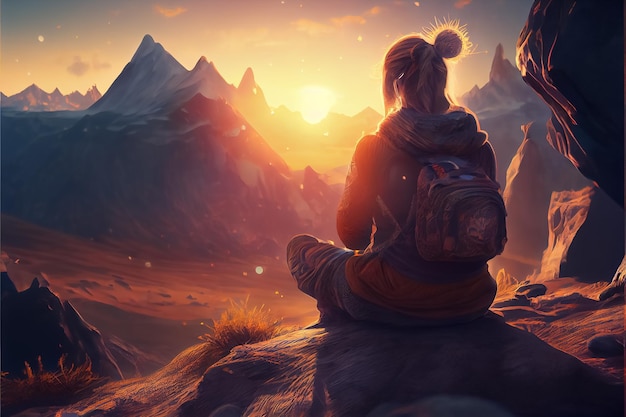 Ilustração de pessoa meditando no topo de montanhas ao pôr do sol ai