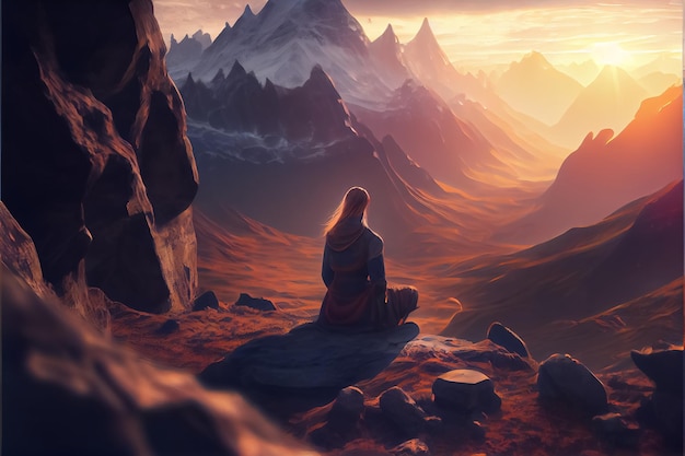 Ilustração de pessoa meditando no topo de montanhas ao pôr do sol ai