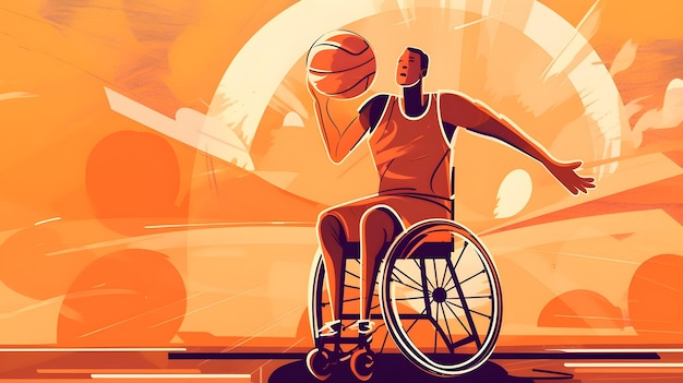 Ilustração de pessoa negra em cadeira de rodas jogando basquete Generative AI