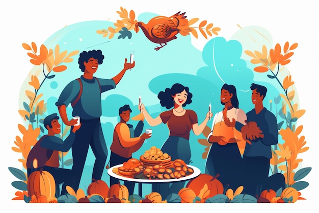 ilustração de pessoas celebrando o Dia de Ação de Graças