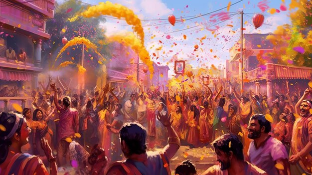 Ilustração de pessoas indianas celebrando o festival Holi felicidade pó colorido no fundo