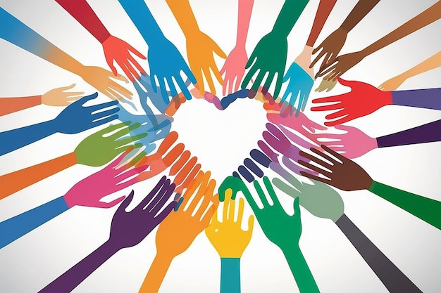 Ilustração de pessoas multicoloridas de mãos dadas formando um coração simbolizando diversidade, trabalho em equipe e carinho. Flecha correspondente também no portfólio.