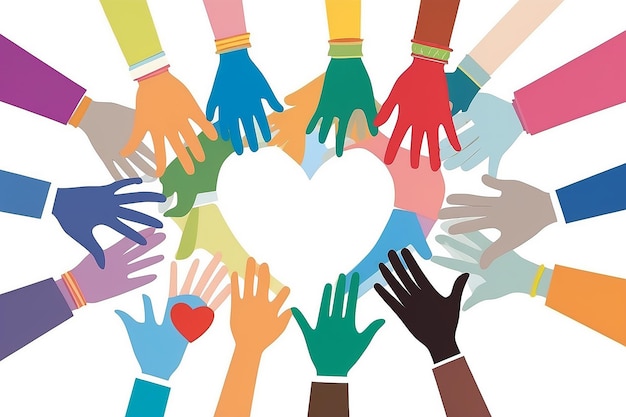 Ilustração de pessoas multicoloridas de mãos dadas formando um coração simbolizando diversidade, trabalho em equipe e carinho. Flecha correspondente também no portfólio.