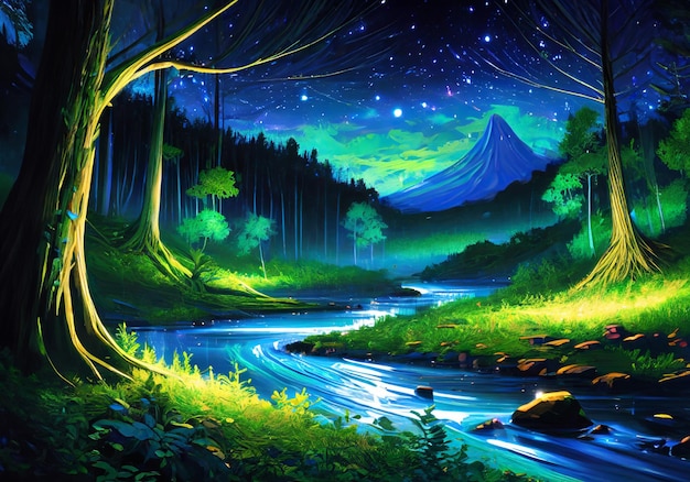 Ilustração de pintura cena noturna de um rio fluindo no meio de uma floresta