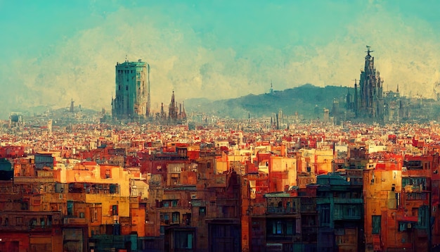 Ilustração de pintura de Barcelona Arte do horizonte da cidade de Barcelona
