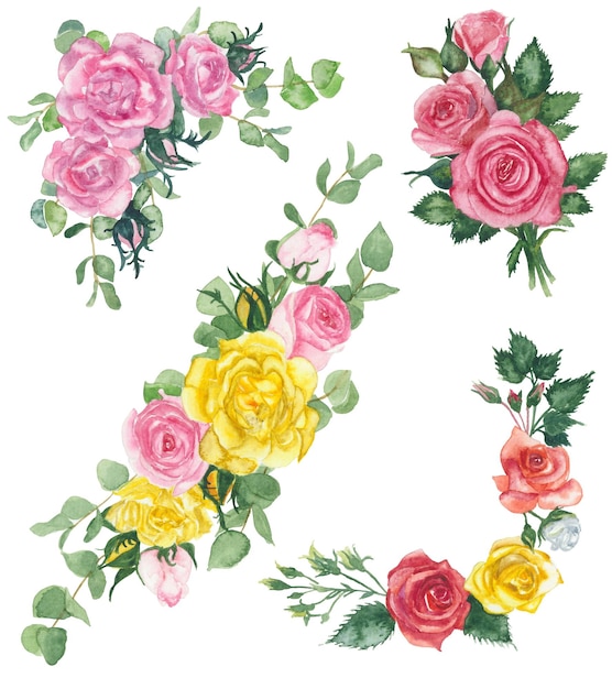 Ilustração de pintura de moldura floral de flores de rosas em aquarela