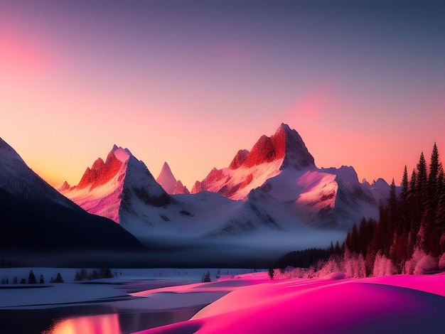 Ilustração de pintura de montanhas nevadas com lago e floresta no sopé