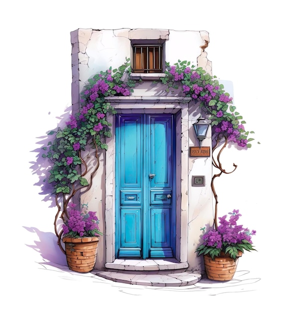 Ilustração de pintura de porta azul com flor roxa ao redor dela