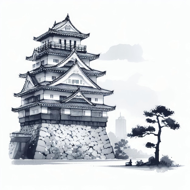 Ilustração de pintura de tinta para o dia de Showa com castelo japonês