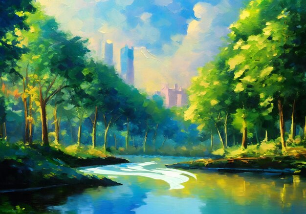 ilustração de pintura de um rio fluindo no meio de uma floresta verde com fundo de vista urbana