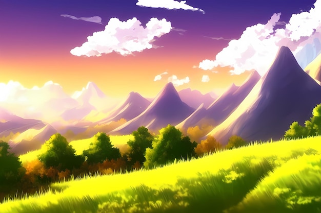 Ilustração de pintura digital de cena de paisagem com belas montanhas verdes prados árvores