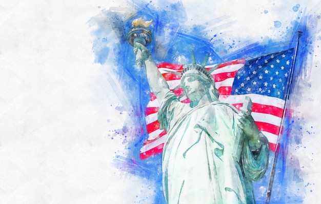 Ilustração de pintura em aquarela da Estátua da Liberdade com uma grande bandeira americana e o horizonte de Nova York ao fundo