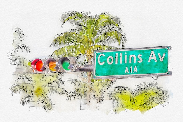Ilustração de pintura em aquarela da placa de rua Collins Avenue no distrito Art Deco no sul de Miami, EUA