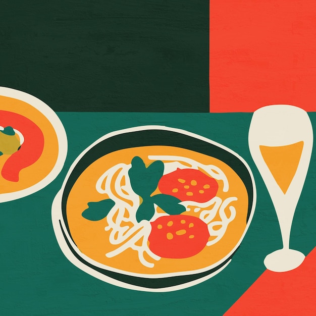 Ilustração de pizza colorida retrô plana comida italiana arte quadrada para impressão