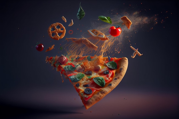 Ilustração de pizza voando com Ingredientes AI