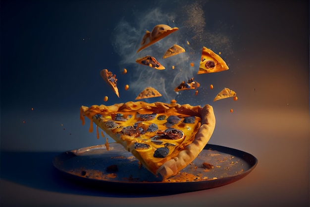 Ilustração de pizza voando com Ingredientes AI