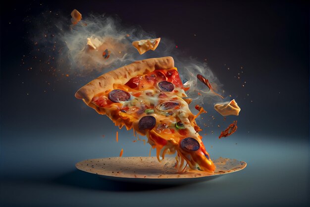 Foto ilustração de pizza voando com ingredientes ai
