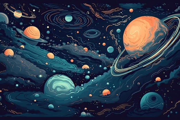 Ilustração de planetas e estrelas em uma cena espacial cósmica Generative AI