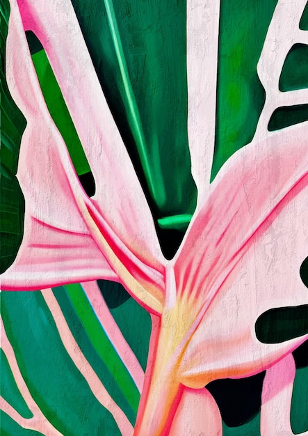 Ilustração de planta tropical Monstera rosa e verde Impressão artística de amantes da natureza