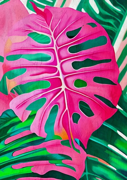 Foto ilustração de planta tropical monstera rosa e verde impressão artística de amantes da natureza