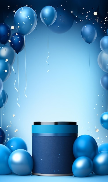 Foto ilustração de pódio vazio para produtos de vitrine com balões de ar azul