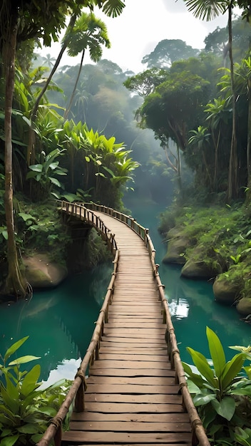Ilustração de ponte de madeira sobre o rio na selva