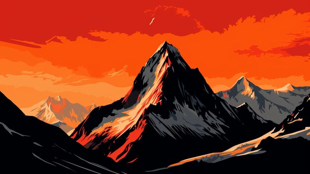 Ilustração de pôster litográfico em negrito de montanhas em vermelho escuro e laranja escuro