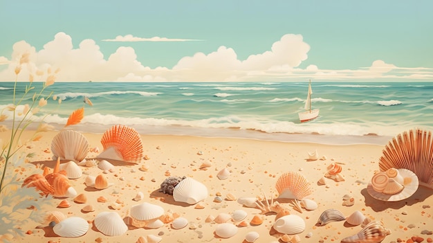 Ilustração de praia ensolarada fundo papel de parede oceano mar