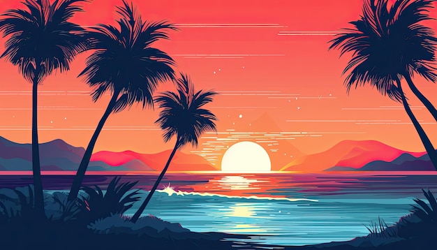Foto ilustração de praia tropical linda desenho animado estilo simples design de pôster digital generative aixa