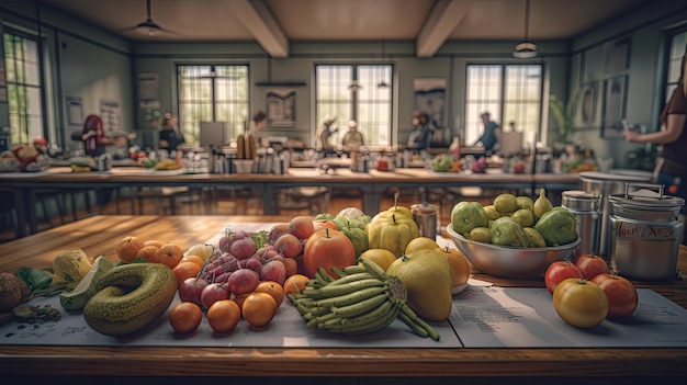 Foto ilustração de pratos de comida e frutas frescas na mesa de jantar