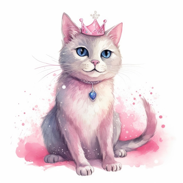 Ilustração de Princesa Gato Rosa Brilhante em Fundo Branco