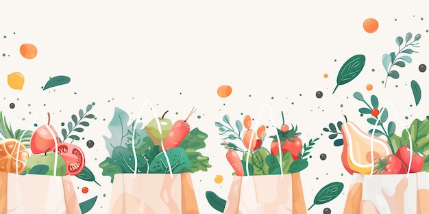 Ilustração de produtos frescos em sacos de compras