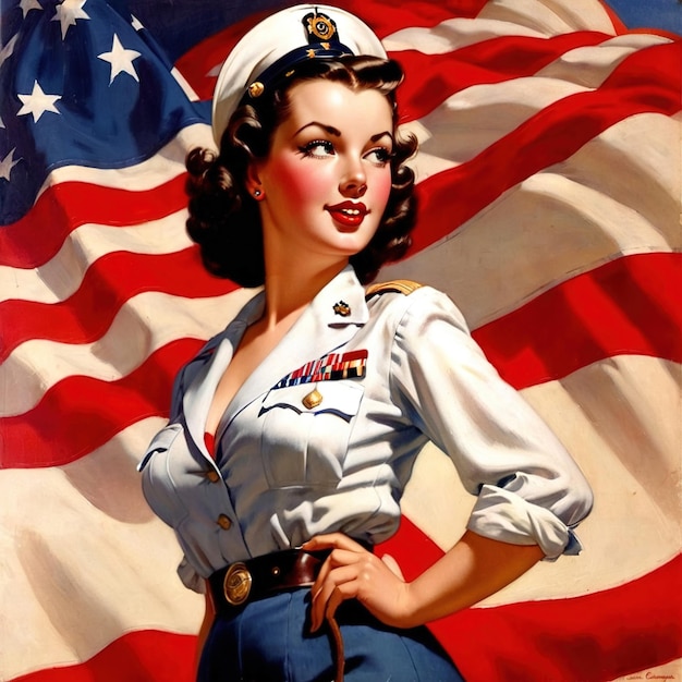 Foto ilustração de propaganda militar patriótica de uma bela jovem