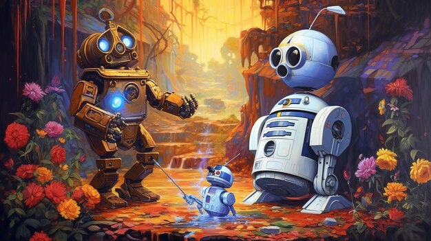 Ilustração de R2D2 e Wall-E desenhado como um personagem da Disney People, Generative ai