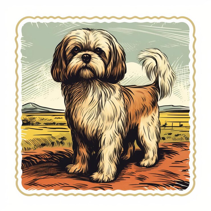 Foto ilustração de raças de cães vintage shih tzu em paisagens expansivas
