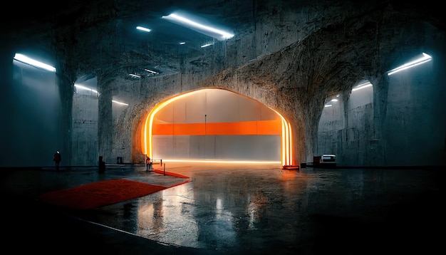 Ilustração de raster da sala subterrânea com tapete vermelho Hall para convidados VIP abrigo de bomba de bunker de caverna luzes de neon corredor interior com arco conceito de futurismo design de renderização 3D
