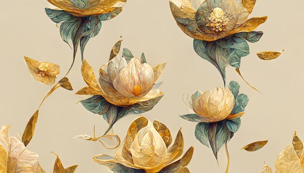 Ilustração de raster de padrão floral retrô sem costura com efeito de aquarela Flores secas de lótus crisântemos narcisos broto folhas em um fundo bege Conceito de fitologia raster de arte 3D