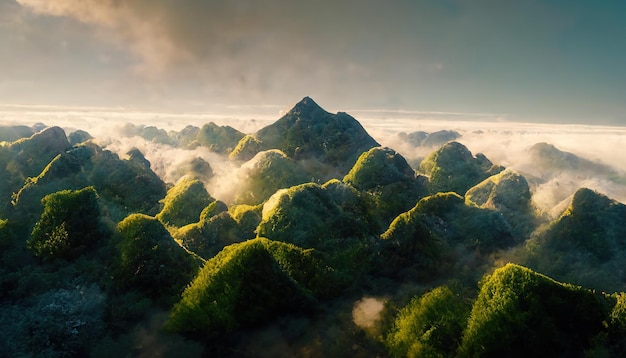 Ilustração de raster de topos de montanhas Rochas nos matagais de uma visão panorâmica da vida selvagem vida selvagem bela vista nuvens nas montanhas céu claro escalada Conceito de natureza selvagem 3D artwork