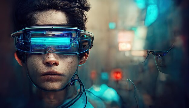 Ilustração de rasterização de cara com óculos de realidade virtual Homem visão futurista ciberespaço azul brilho de néon fios tecnologias futuras ficção científica Metaverso conceito ilustração de renderização 3D