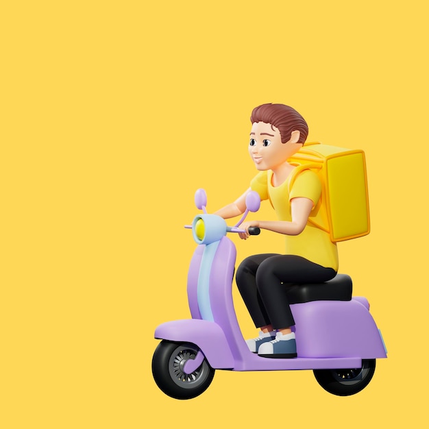 Ilustração de rasterização do homem andando de scooter com mochila Jovem de camiseta amarela monta uma motocicleta entrega velocidade transporte velocidade regras de trânsito 3d render arte para negócios e publicidade